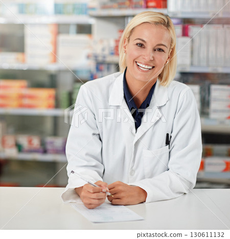 Pharmacy, writing and pharmacist woman in portrait for medicine, product or healthcare insurance paperwork. Trust, help desk and medical professional worker with receipt, doctor note or prescription 130611132