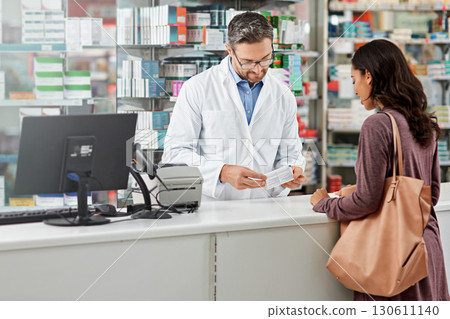 Medicine, service and help of pharmacist consulting at health store counter with expert knowledge. Medication advice and trust of girl with kind worker checking information at pharmacy. Medicine, service and help of pharmacist consulting at health store counter with expert knowledge. Medication advice and trust of girl with kind worker checking information at pharmacy. 130611140