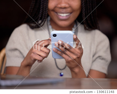 Closeup, black hands and smartphone for connection, typing and search website for information. Zoom, African American female and lady with cellphone, social media or networking with signal and smile Closeup, black hands and smartphone for connection, typing and search website for information. Zoom, African American female and lady with cellphone, social media or networking with signal and smile 130611148