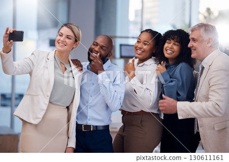 Happy, selfie and thumbs up with business people in office for community, support and diversity. Smile, thank you and social media with picture of group of friends for teamwork, partnership and like 130611161