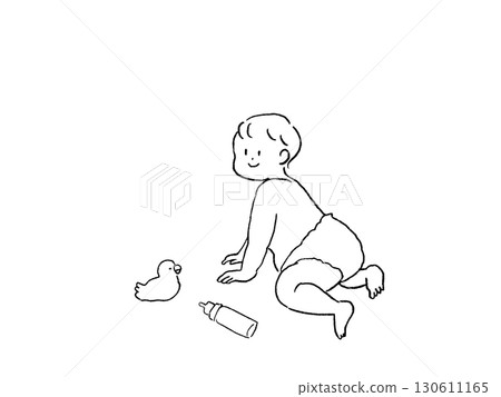 爬行嬰兒,玩具,鴨子,奶瓶,線條畫 爬行嬰兒,玩具,鴨子,奶瓶,線條畫 130611165