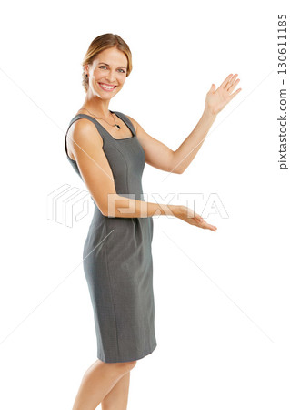 Marketing, advertising and portrait of business woman on a white background for branding, logo and mockup. Product placement, corporate and isolated girl with hand gesture for announcement or message 130611185
