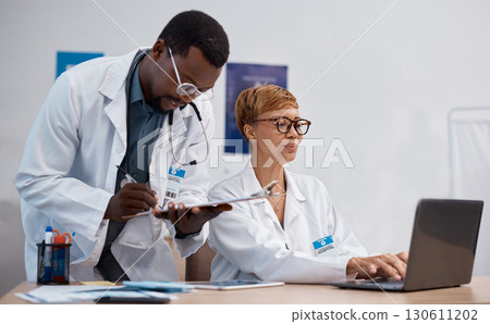 Teamwork, planning and doctors at desk for research training, hospital data review and laptop management. Paperwork, checklist document and serious analysis of medical black people working in office 130611202