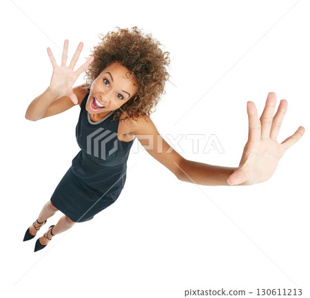 Surprise, excited and portrait of a black woman with hands isolated on a white background. Shocked, smile and above of an African business employee with a confident gesture in a studio Surprise, excited and portrait of a black woman with hands isolated on a white background. Shocked, smile and above of an African business employee with a confident gesture in a studio 130611213