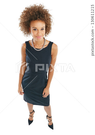 Business woman, smile and standing with vision, ambition or profile against a white studio background. Portrait of a isolated black female employee smiling in happiness or posing in confidence Business woman, smile and standing with vision, ambition or profile against a white studio background. Portrait of a isolated black female employee smiling in happiness or posing in confidence 130611215
