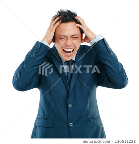 Anger, stress and screaming business man in studio isolated on white background. Burnout, mental health and headache, sad and shouting angry Asian male after bad news, deal or financial crisis. Anger, stress and screaming business man in studio isolated on white background. Burnout, mental health and headache, sad and shouting angry Asian male after bad news, deal or financial crisis. 130611221