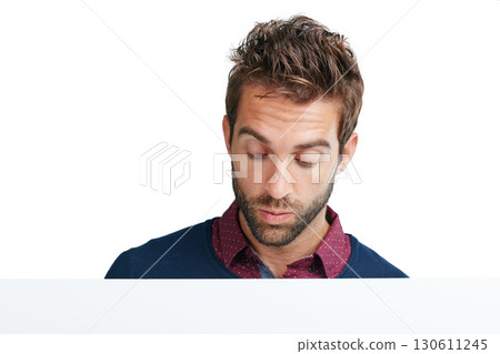 Face, thinking and mockup with a man in studio isolated on a white background for branding or product placement. Idea, mock up and curious with a handsome young male on blank advertising space 130611245