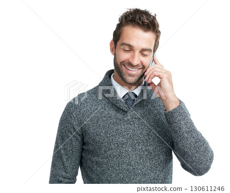 Phone call, communication or business man happy for loan review, finance or invest for success. Smile, isolated or manager on smartphone for networking, b2b network or planning in white background 130611246