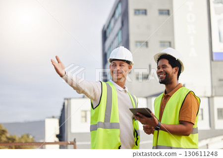 Tablet, teamwork or architecture with an engineer man and designer planning on a construction site. Architect, building and collaboration with men working together to design a development project Tablet, teamwork or architecture with an engineer man and designer planning on a construction site. Architect, building and collaboration with men working together to design a development project 130611248
