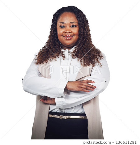 Happy, portrait and business woman in studio with motivation, idea and vision on white background. Face, leader and black woman with startup dream, goal and black business mission while isolated 130611281
