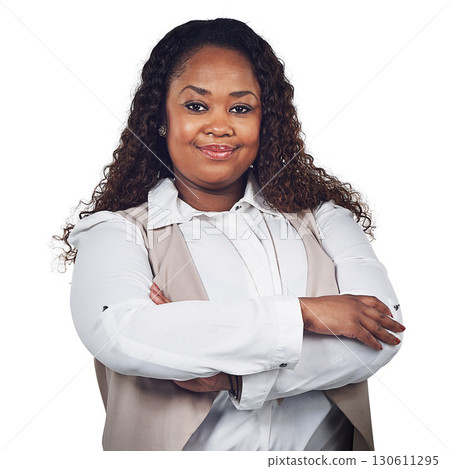 Portrait, black woman and proud corporate employee in studio, confident and smile on white background. Face, woman and happy worker proud of career, goal and ambition, motivated and standing isolated Portrait, black woman and proud corporate employee in studio, confident and smile on white background. Face, woman and happy worker proud of career, goal and ambition, motivated and standing isolated 130611295