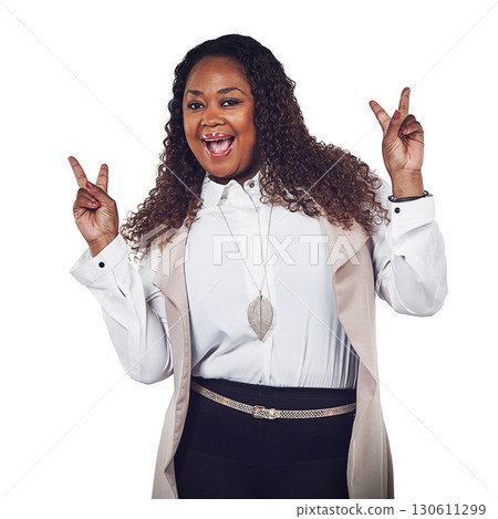 Excited, peace sign and black woman worker portrait of a business person with a smile. White background, employee and professional african female with cool hand sign isolated with happiness and proud Excited, peace sign and black woman worker portrait of a business person with a smile. White background, employee and professional african female with cool hand sign isolated with happiness and proud 130611299