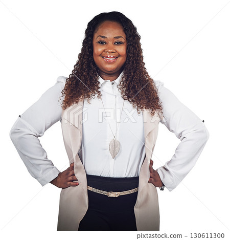 Happy African woman with hands on hips, isolated portrait of businessperson and a white background. Black model posing smile for profile picture, motivation for success and confident professional Happy African woman with hands on hips, isolated portrait of businessperson and a white background. Black model posing smile for profile picture, motivation for success and confident professional 130611300