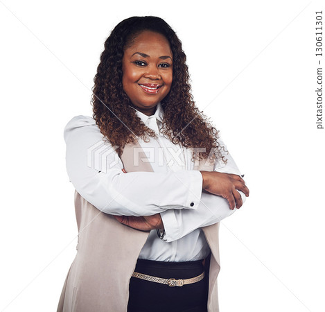 Black woman, portrait and small business owner in studio, happy and proud against a white background. Face, woman and boss with vision for future startup, posing and ambition while standing isolated Black woman, portrait and small business owner in studio, happy and proud against a white background. Face, woman and boss with vision for future startup, posing and ambition while standing isolated 130611301
