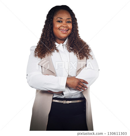 Black woman, smile and portrait in studio for success, empowered and ambition on white background. Face, woman and corporate employee enjoying career, excited and independent while standing isolated Black woman, smile and portrait in studio for success, empowered and ambition on white background. Face, woman and corporate employee enjoying career, excited and independent while standing isolated 130611303