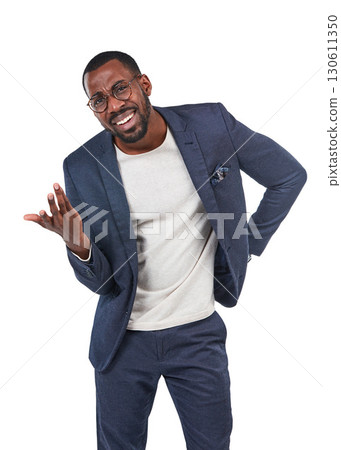Confused, question and portrait of black man or businessman isolated against a studio white background. Wtf, huh and corporate professional employee, worker or entrepreneur asking gesture 130611350