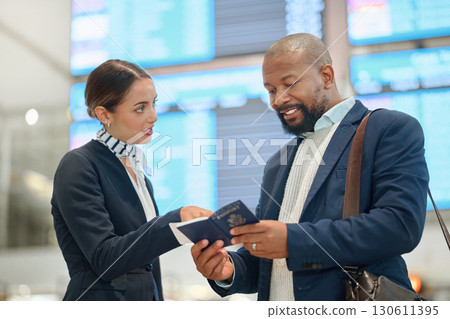 African businessman, passport and airport woman with compliance check, reading and travel policy. Corporate black man, airline worker and documents for international transportation with inspection 130611395