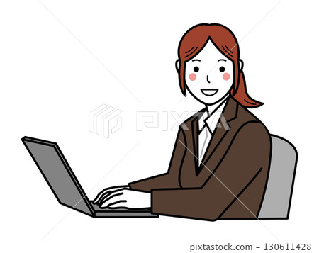 Brown suit. A woman operating a computer, seen from the side, facing forward. Part 2 Brown suit. A woman operating a computer, seen from the side, facing forward. Part 2 130611428