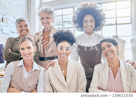 Women team, designer portrait and fashion meeting of a marketing group happy about teamwork. Ecommerce, business solidarity and diversity of people with a smile and happiness from collaboration 130611538