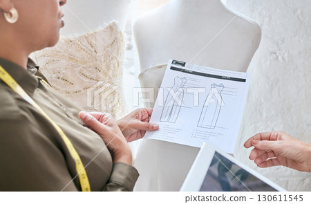 Fashion design sketch, collaboration and women teamwork on clothes, paper illustration or creative studio dress. Startup small business owner, workshop service and dressmaker partnership on outfit 130611545