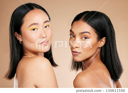 Skincare, makeup and beauty of diversity women portrait in studio for dermatology and cosmetics. Asian and black person together for skin glow, spa facial and natural face of friends for wellness 130611598