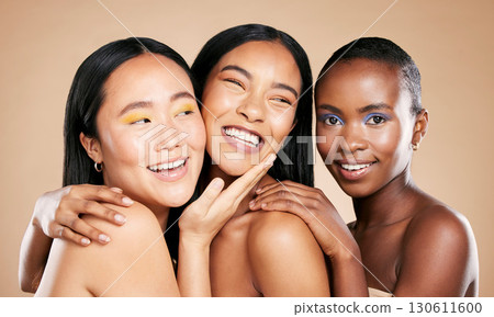 Diverse women, smile and face in beauty for skincare, cosmetics or makeup against studio background. Portrait of female friends or model smiling in happiness or satisfaction for fun healthy treatment Diverse women, smile and face in beauty for skincare, cosmetics or makeup against studio background. Portrait of female friends or model smiling in happiness or satisfaction for fun healthy treatment 130611600