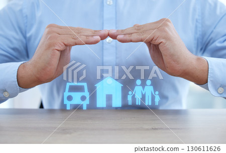 Hologram, hands and insurance for family healthcare, damage and loss of life, protection and financial solutions. Futuristic, insured with gesture or investment with medical plan, cover or innovation 130611626