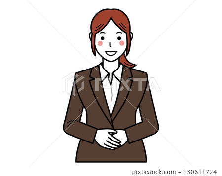 A woman in a brown suit, facing forward and speaking with her hands clasped in front of her. Part 2 A woman in a brown suit, facing forward and speaking with her hands clasped in front of her. Part 2 130611724