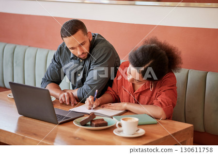 Laptop, research and writing with business people in cafe for idea, finance and strategy. Planning, notebook and thinking with man and woman in coffee shop for partnership, management and marketing 130611758