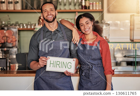 Small business, portrait or couple with a hiring sign for job vacancy offer at a cafe or coffee shop. Recruitment, marketing or happy entrepreneurs smile standing with an onboarding message in store Small business, portrait or couple with a hiring sign for job vacancy offer at a cafe or coffee shop. Recruitment, marketing or happy entrepreneurs smile standing with an onboarding message in store 130611765