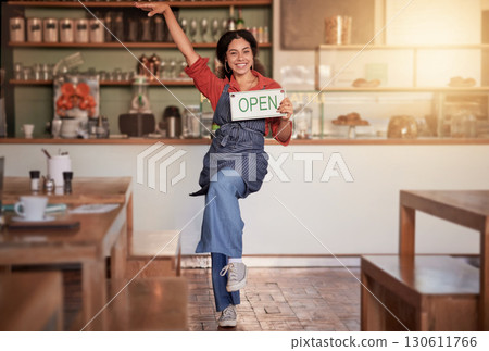 Cafe, woman and open sign in small business, startup and excited while celebrating success with dance. Black woman, coffee shop and business owner hold message, placard or advertising welcome board Cafe, woman and open sign in small business, startup and excited while celebrating success with dance. Black woman, coffee shop and business owner hold message, placard or advertising welcome board 130611766