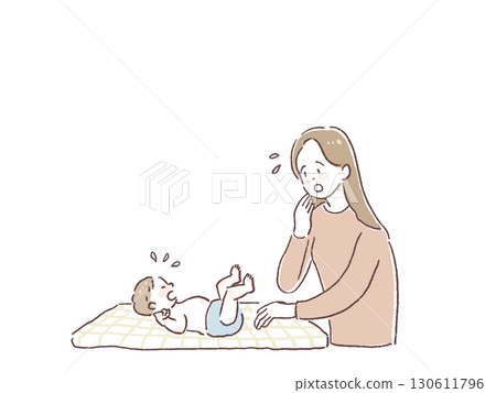 女人換嬰兒尿布，驚訝，母親，哄睡，照顧孩子， 130611796