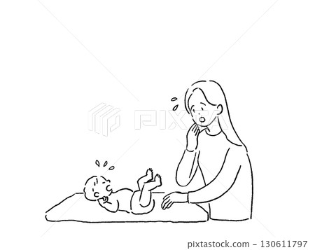 Woman changing baby's diaper, surprised, mother, putting to sleep, parenting, line drawing 130611797