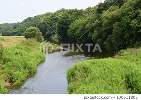 郊區的一條河流，河岸外的土地不再被使用，正在恢復其自然美景 130611808