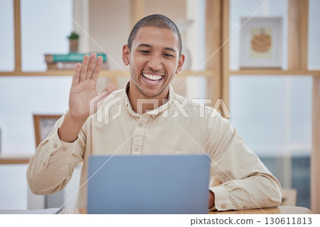 Webinar, laptop video call or business man wave for communication, networking or social network with smile for remote work. Success, happy or manager greeting for meeting, strategy or presentation Webinar, laptop video call or business man wave for communication, networking or social network with smile for remote work. Success, happy or manager greeting for meeting, strategy or presentation 130611813
