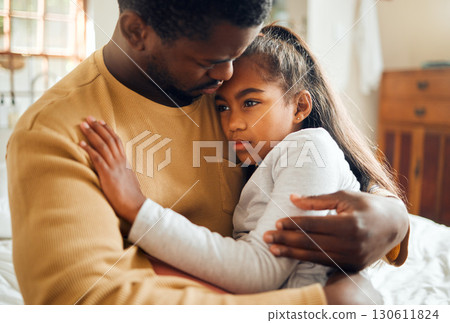 Sick, illness and father with his child with pain, sad or problem in her bedroom at their home. Ill, care and African dad holding his girl kid with concern while she has the flu, cold or fever. 130611824