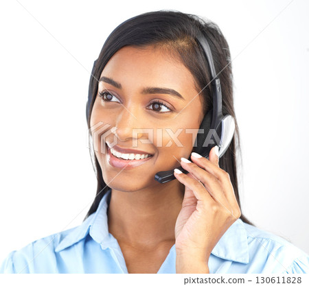 Crm, customer service and contact us Indian woman worker on a business call in a studio. Marketing, networking and web support consulting of a employee with a smile from call center sales work 130611828