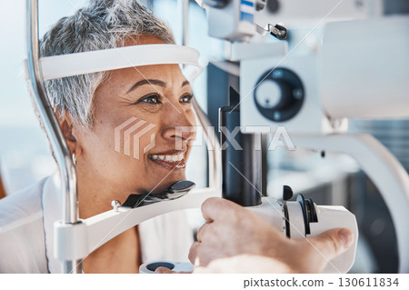 Face, eye exam or happy woman in test or consulting doctor for eyesight assessment at optometrist office. Senior customer testing vision with optician helping or checking iris or retina visual health Face, eye exam or happy woman in test or consulting doctor for eyesight assessment at optometrist office. Senior customer testing vision with optician helping or checking iris or retina visual health 130611834