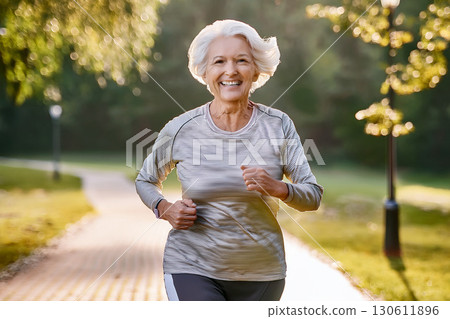 微笑的奶奶在公園跑步 130611896