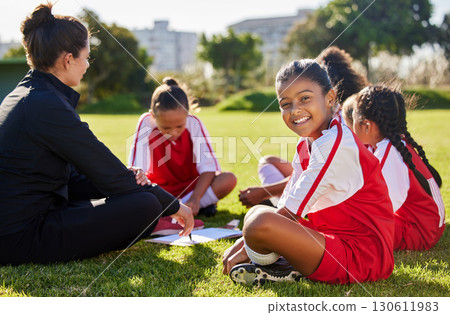 Soccer coaching, planning strategy or girl portrait for sports competition, game and tactical training on outdoor field. Football player manager, teamwork or paper formation, goals or learning sketch 130611983