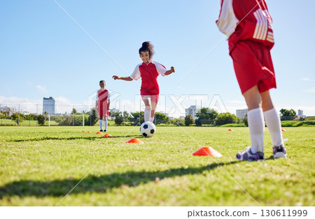 Soccer, training or running and a girl team playing with a ball together on a field for practice. Fitness, football and grass with sports kids dribbling on a pitch for competition or exercise 130611999
