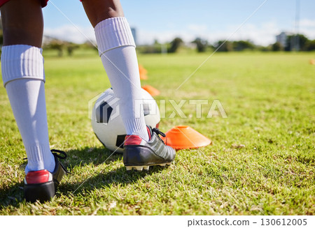 Closeup football kid, grass and training for fitness, sports and balance for control, speed and development. Young soccer player, fast dribbling or exercise feet on grass with cleats in low angle Closeup football kid, grass and training for fitness, sports and balance for control, speed and development. Young soccer player, fast dribbling or exercise feet on grass with cleats in low angle 130612005
