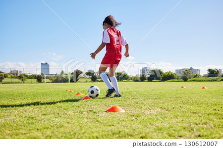 Football girl child, field and training for fitness, sports and development of balance for control, speed and strong body. Female kid, fast soccer ball dribbling or workout feet on grass for learning Football girl child, field and training for fitness, sports and development of balance for control, speed and strong body. Female kid, fast soccer ball dribbling or workout feet on grass for learning 130612007