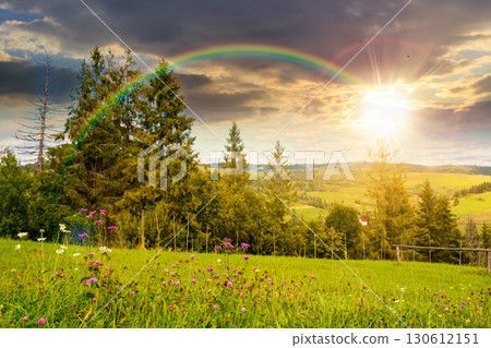 countryside landscape with green field in autumn at sunset. alpine scenery with grassy herb meadow near mountain range in evening light. forested hills in the distance. sunny weather countryside landscape with green field in autumn at sunset. alpine scenery with grassy herb meadow near mountain range in evening light. forested hills in the distance. sunny weather 130612151