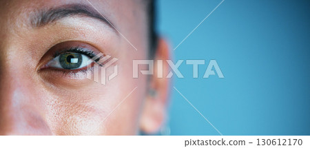 Eye, face and mockup with woman in portrait, vision and eye care with ophthalmology isolated on blue background. Eyebrow, future and perception, contact lens and lashes, awareness and focus in studio Eye, face and mockup with woman in portrait, vision and eye care with ophthalmology isolated on blue background. Eyebrow, future and perception, contact lens and lashes, awareness and focus in studio 130612170