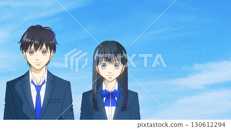 廣闊的藍天,高中或初中男孩和女孩的動漫風格插圖,右側有空白 廣闊的藍天,高中或初中男孩和女孩的動漫風格插圖,右側有空白 130612294