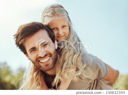 Portrait, father carry girl and outdoor for bonding, happiness and quality time together, smile and weekend break. Love, dad and daughter on back, nature and loving on break, happy or playful for fun 130612343