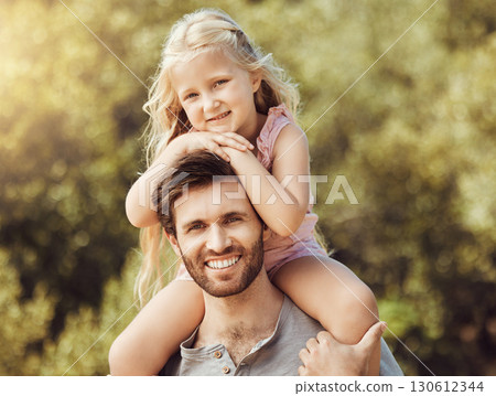 Portrait, father and girl on shoulders, outdoor and quality time for bonding, loving and happiness. Love, dad carry daughter and in nature for fun, playful and relax on weekend break, park and smile 130612344