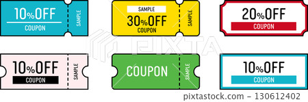 Discount coupons and tickets available for use in shops and stores. Color icon illustrations. 130612402