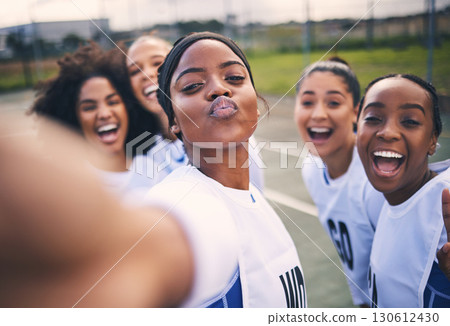 Netball, happy selfie and portrait of girl students on a outdoor sports court for game or workout. Exercise, kiss face and athlete group together for sport, student wellness and teamwork for training 130612430